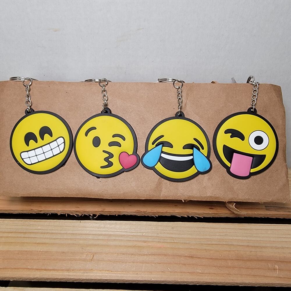 Set of 4 Rubber Emoji Keychains: Smile, Kiss, Laugh, Crazy - NWT